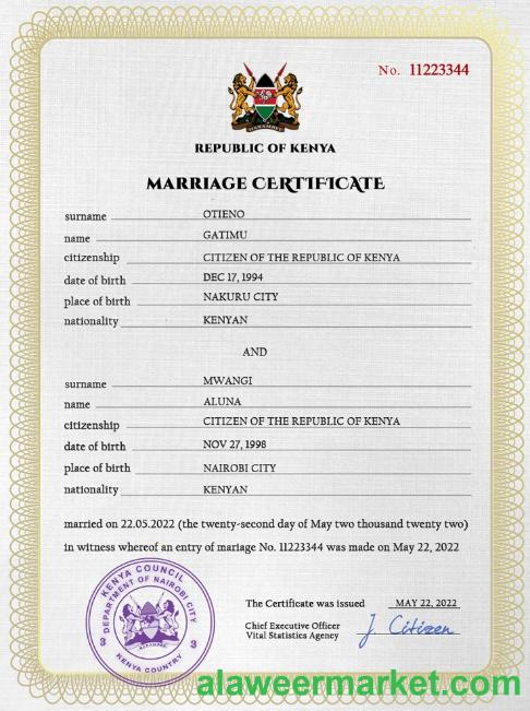 Kenya marriage certificate PSD template